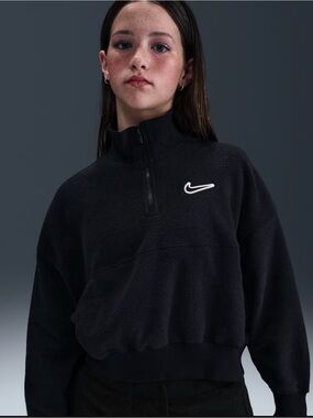 Nike Black Quarter-Zip Cropped Fleece Pullover with White Swoosh Big Girls XL
